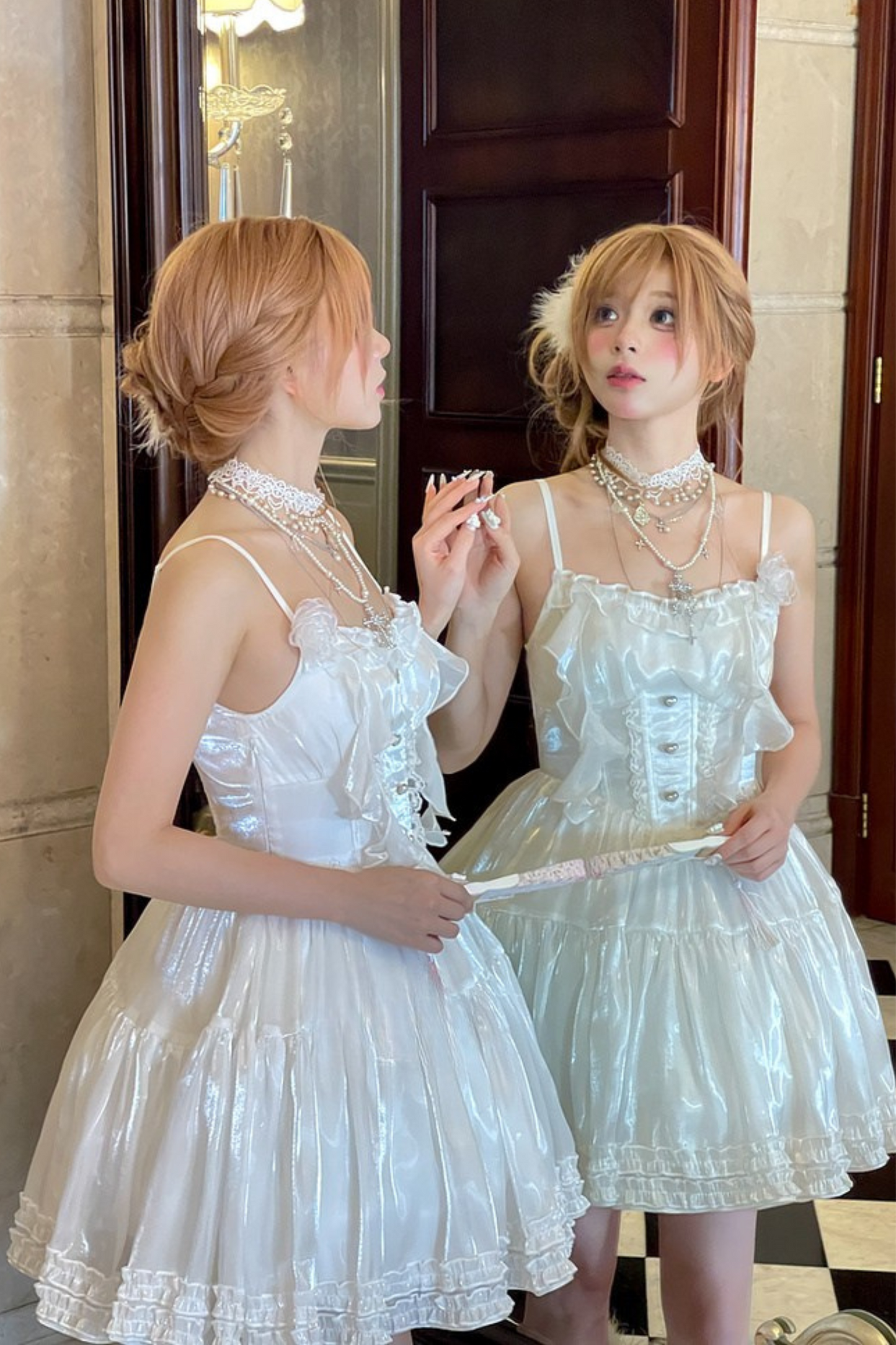 Heavy Shatin Drape Camisole Dress + Lace Asymmetric Shawl