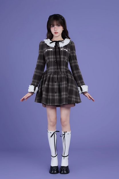 Lace Collar Wool Plaid Dress Coat