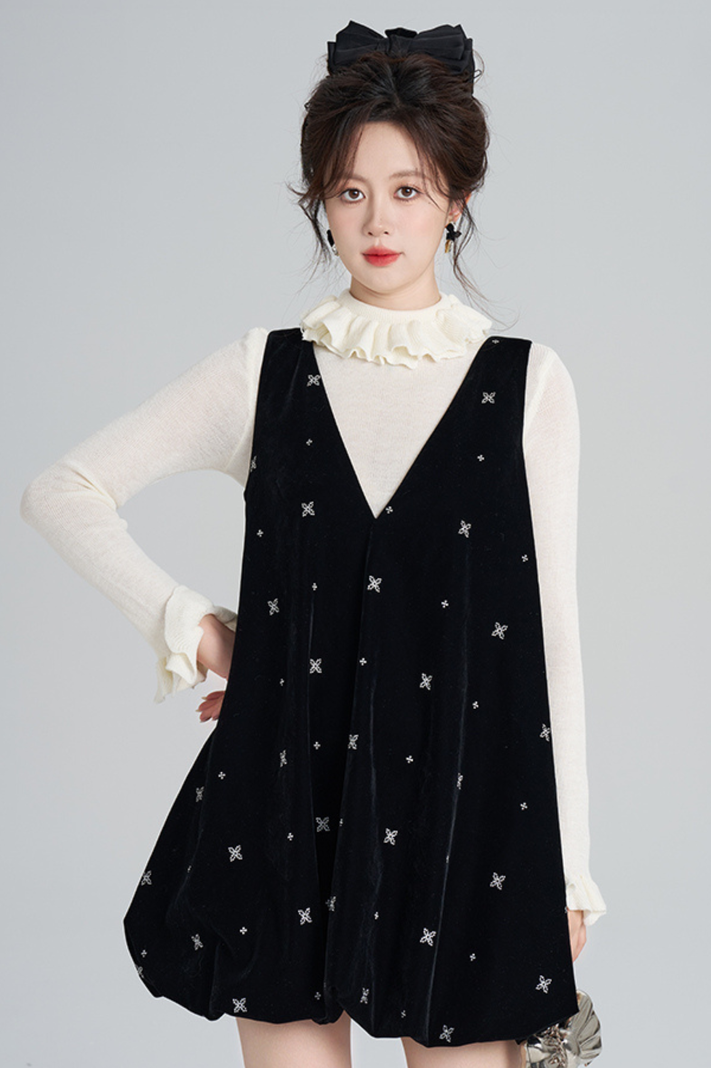 French Black Velvet Ribbon Balloon Dress
