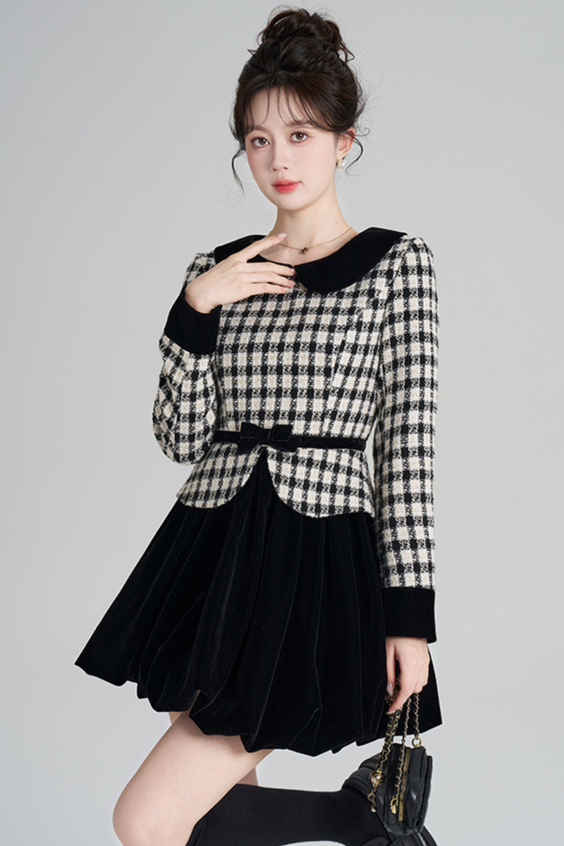 Velvet Monochrome Plaid Dress