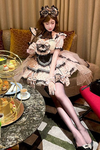 Sweet Little Dot Maid Lolita Dress + Apron + Head Accessory + Veil
