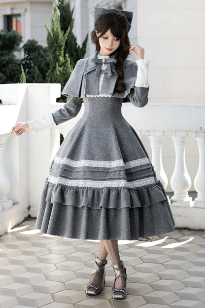 Ruffled Cape Coat + Dress + Hair Accessories + Brooch