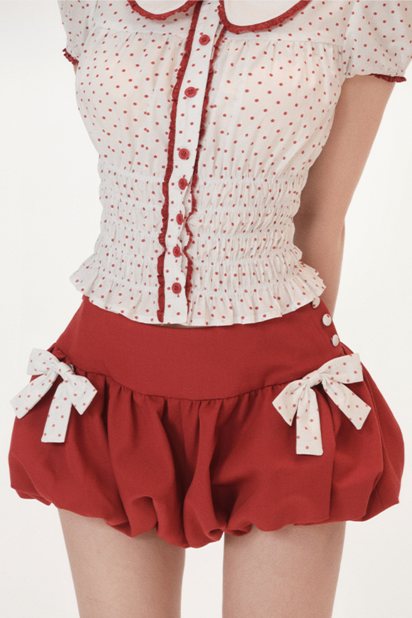 Polka Dot Puff Sleeve Doll Shirt + Ribbon Balloon Skirt Pants