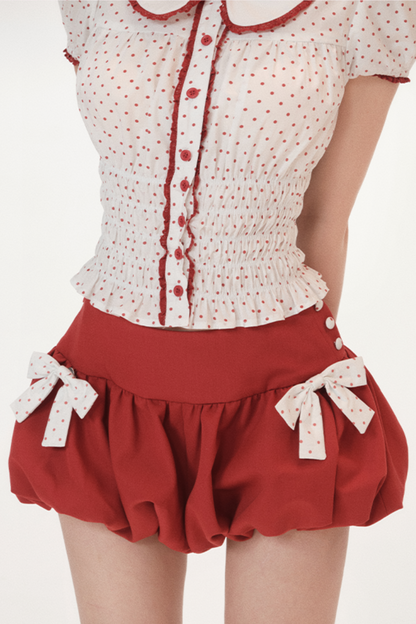 Polka Dot Puff Sleeve Doll Shirt + Ribbon Balloon Skirt Pants
