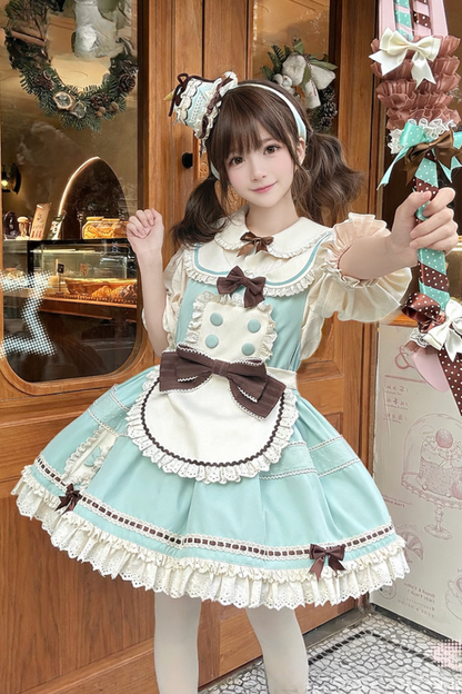 [pre-order Item]chocolate Mint Sailor Collar Girly Maid Dress + Cake Hat