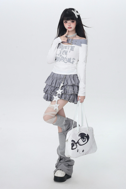 Off-shoulder Lace Letter Top