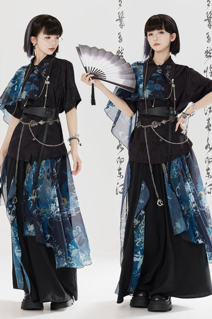 Dark Chinese-style Shirt + Wide Leg Pants + Chain + Belt