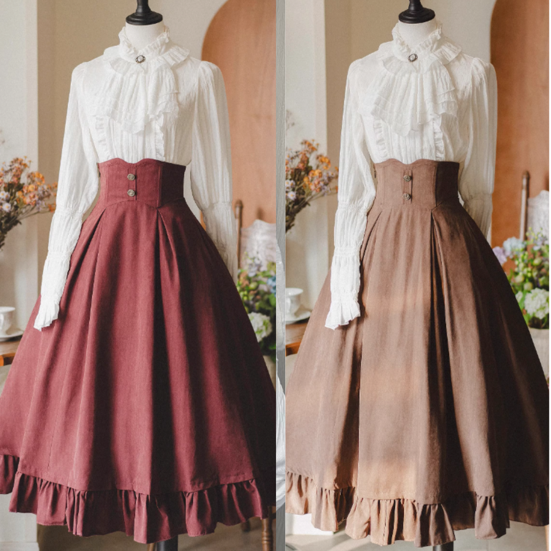 Classical Retro Blouse + Colored Vest + Flared Long Skirt