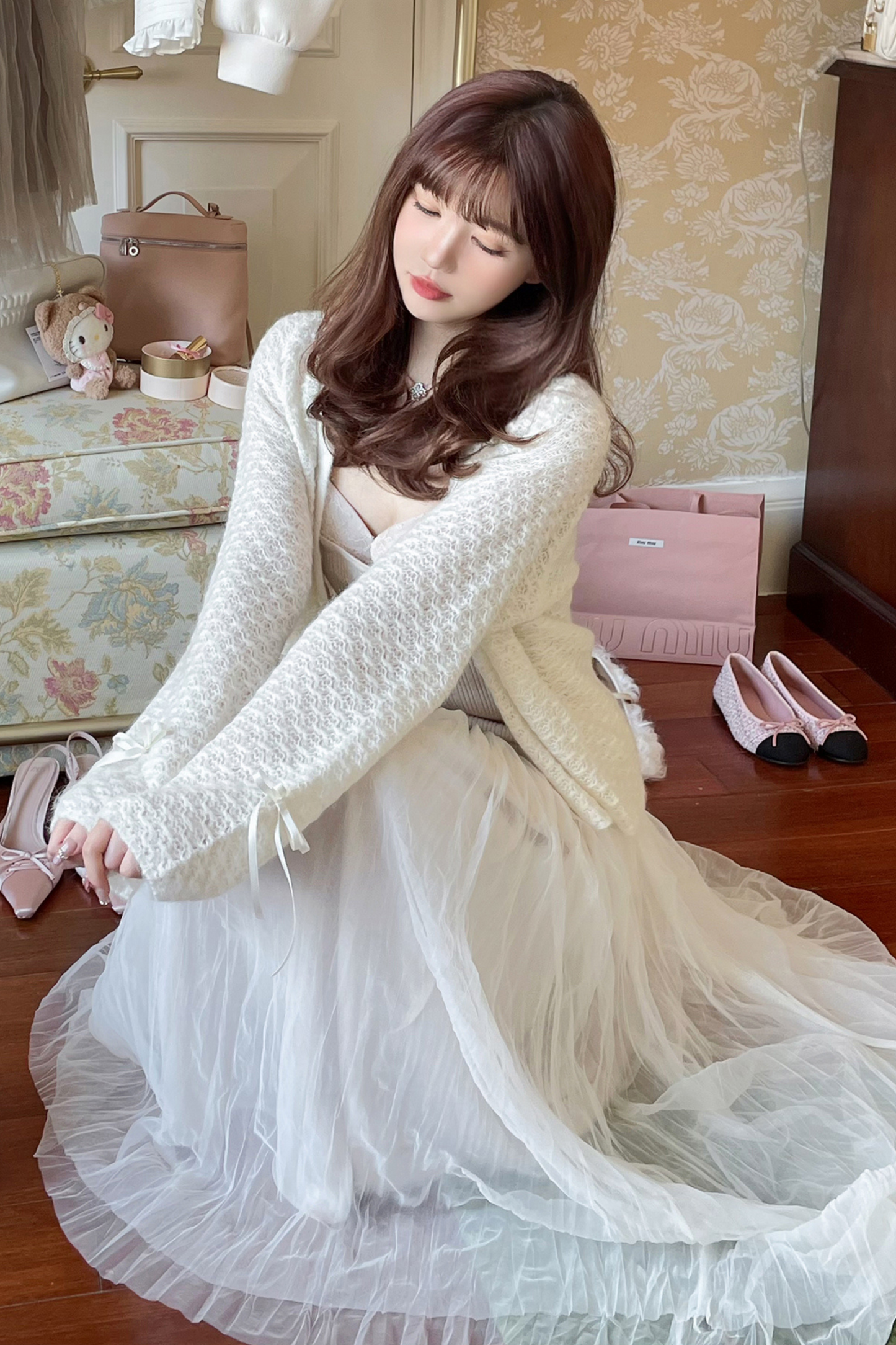 [pre-order] Ribbon Sweet Cardigan + Flare Skirt + Camisole