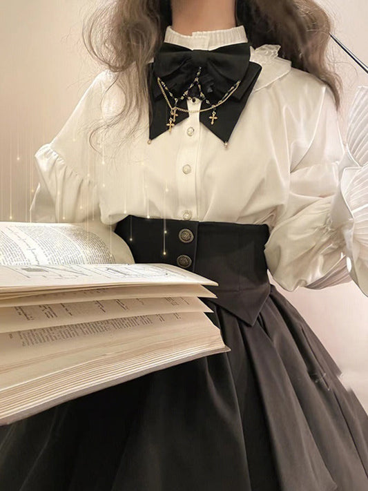 Cross Charm Ribbon Candy Sleeve Blouse + Waist Mark Irregular Hem Skirt