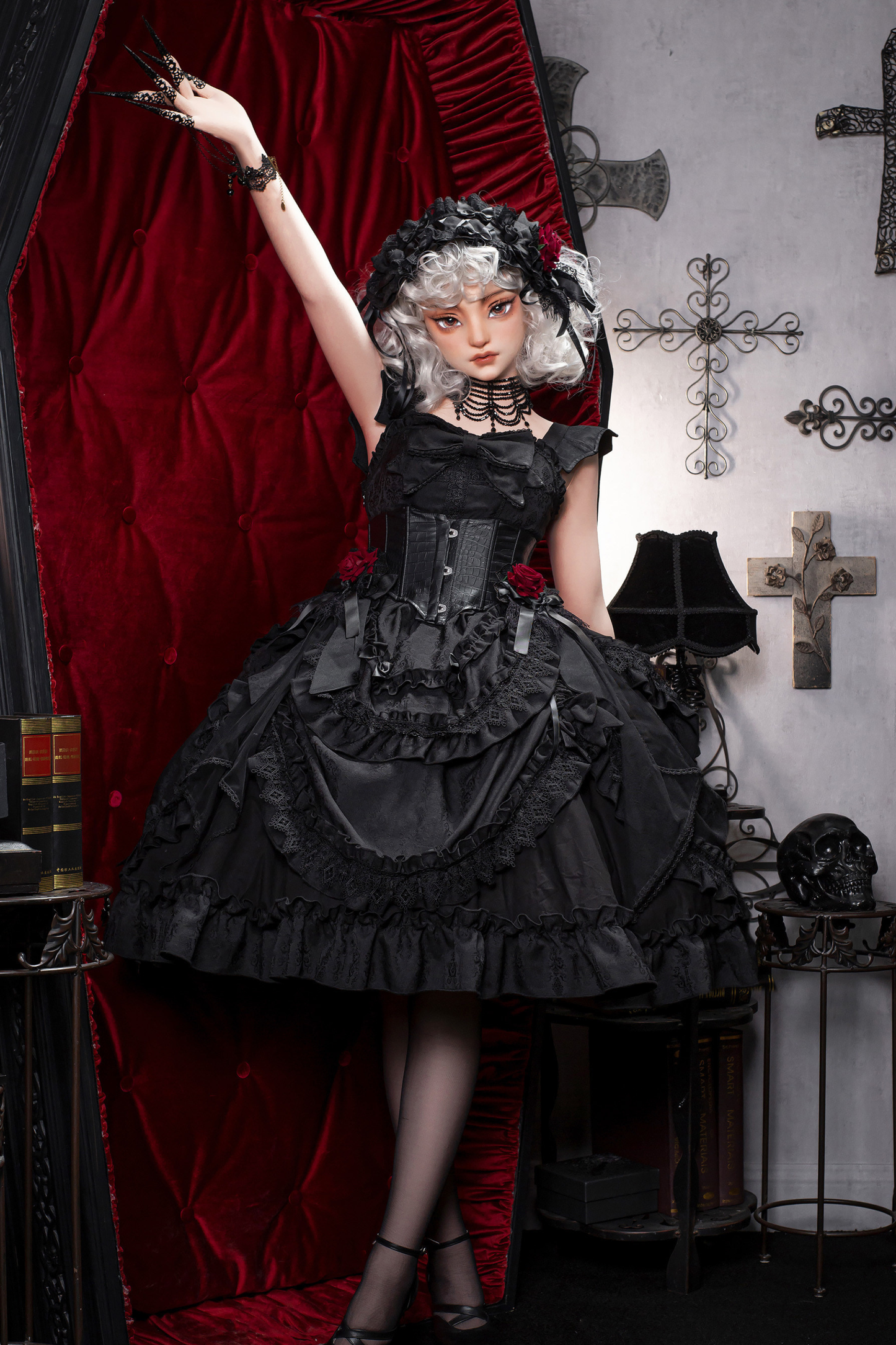 Dark Gothic Ruffle Lolita Dress + Waist Belt + Train + Hairband
