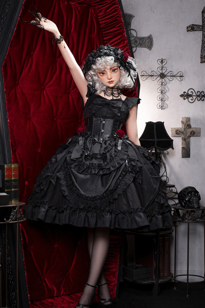 Dark Gothic Ruffle Lolita Dress + Waist Belt + Train + Hairband