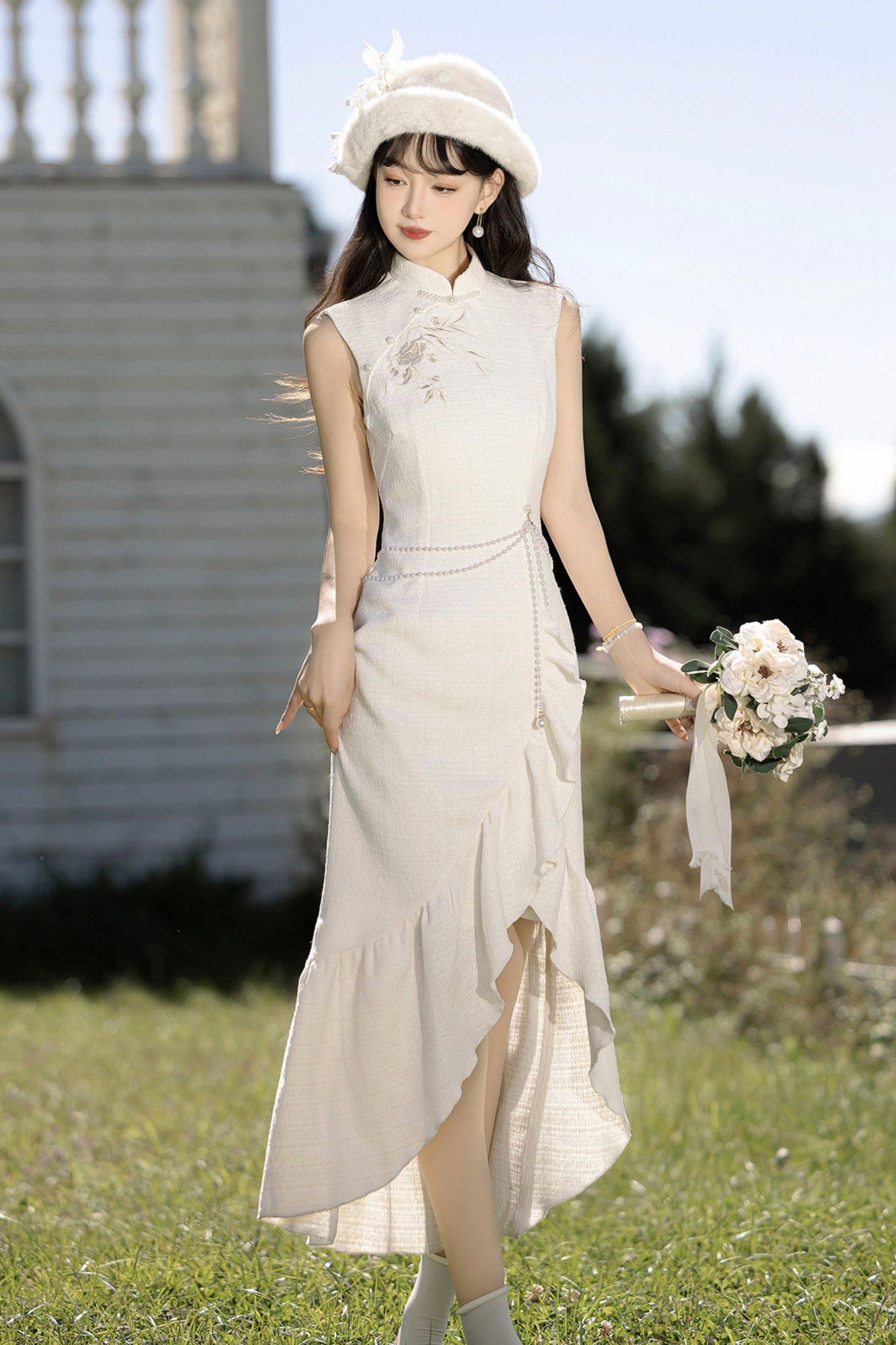 Retro Cheongsam Dress + Short Fur Coat