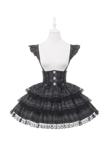 Plaid Flutter Sleeve Suspender Skirt + Top