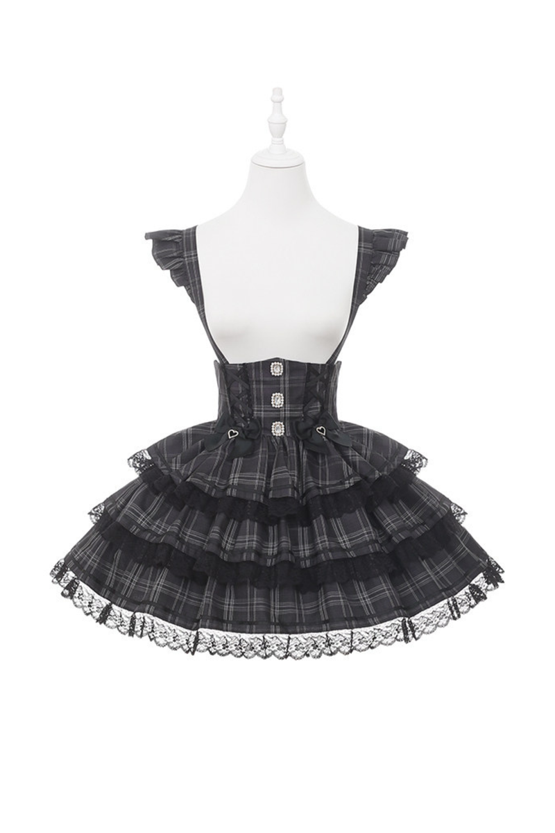 Plaid Flutter Sleeve Suspender Skirt + Top
