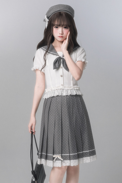 Sweet College Style Top + Polka Dot Pleated Skirt + Bow Tie