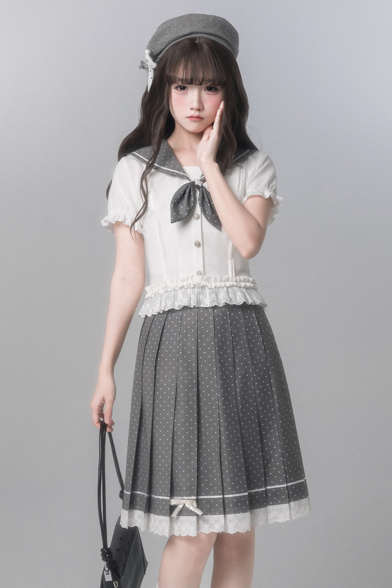 Sweet College Style Top + Polka Dot Pleated Skirt + Bow Tie