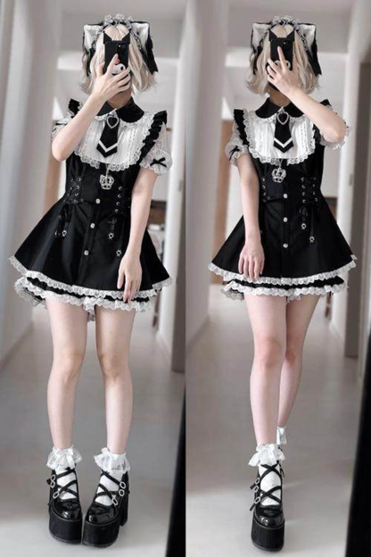 Lace-up Jirai Dress + Shorts + Sleeves + Brooch