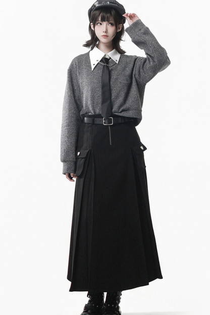 Gray Winter Preppy College Long Top + Short Top + Skirt + Pants + Shirt