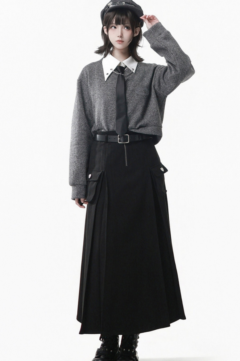 Gray Winter Preppy College Long Top + Short Top + Skirt + Pants + Shirt