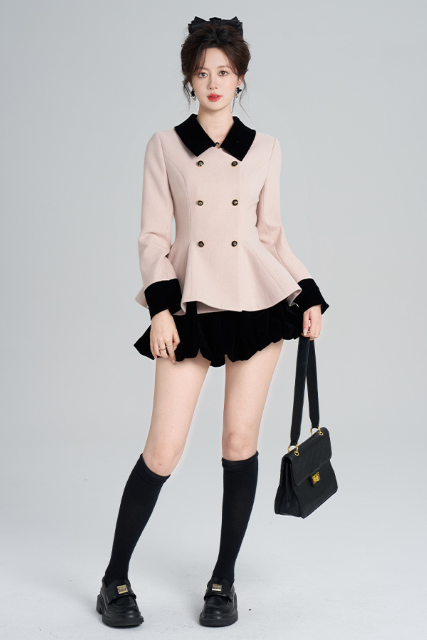 French Sweet Pink Flare Coat + Skirt