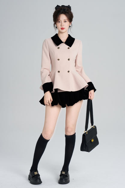 French Sweet Pink Flare Coat + Skirt