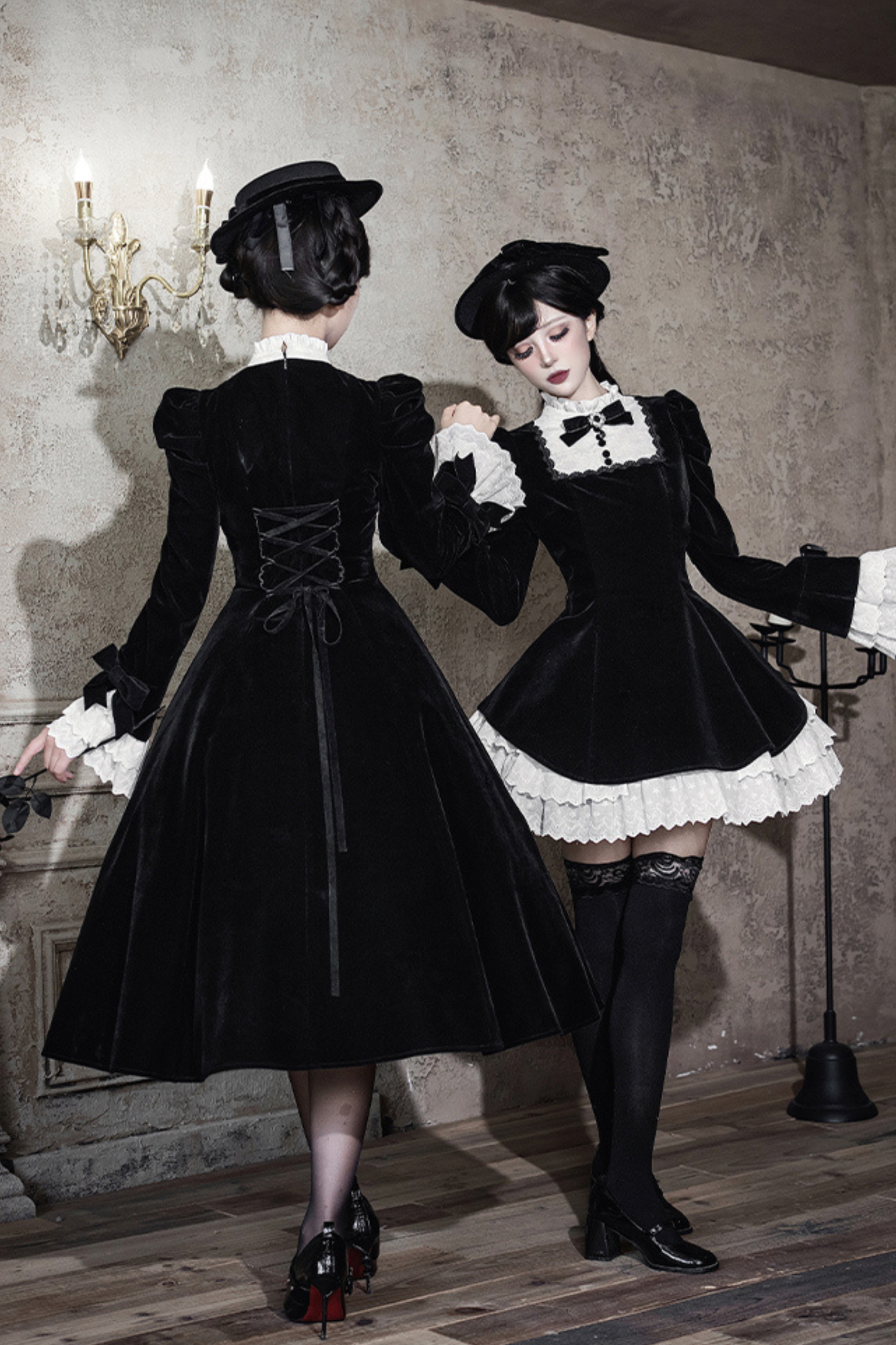 Slim Contrast Color Twin Dress + Collar + Bow + Brooch + Hat