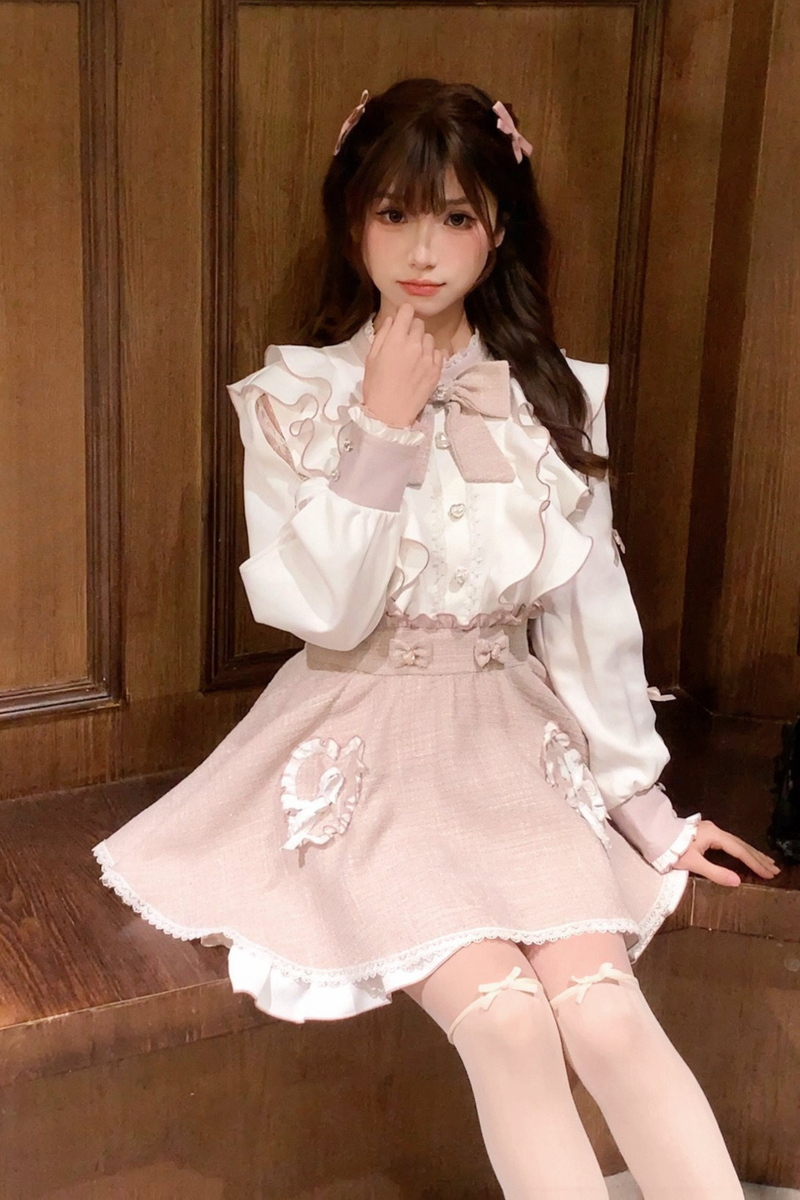 Lace Shoulder Ribbon Blouse + Skirt