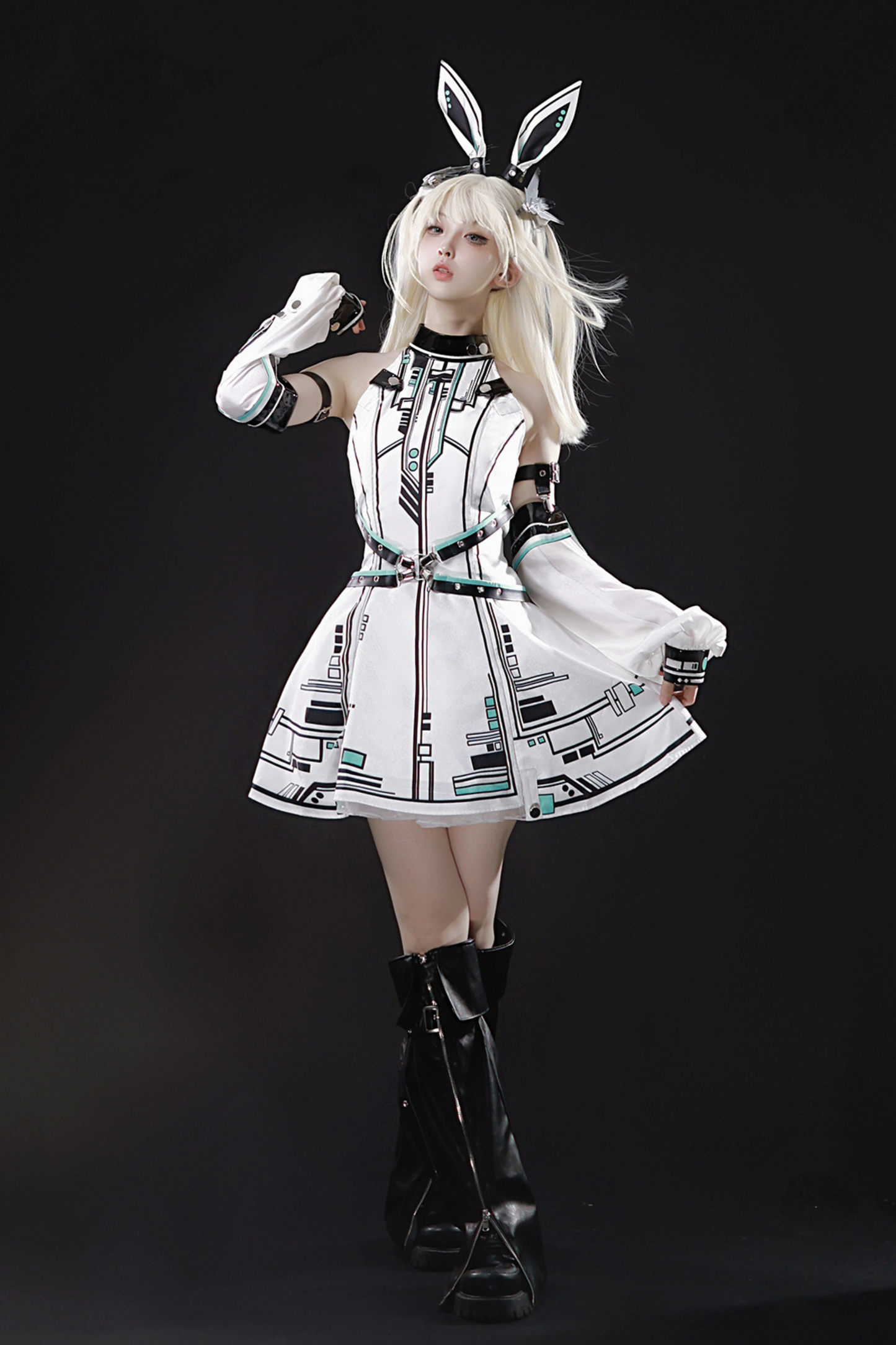 [reservation Product] Machine Warrior Lolita Technology Printed Dress + Sleeve + Bunny Ear Cutucha