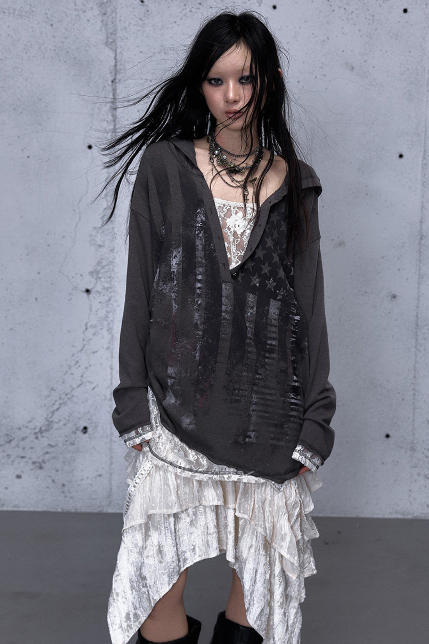 Lace Patchwork Loose Hooded Hoodie