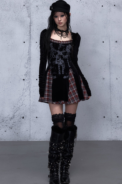 Baroque Velvet Plaid Dress