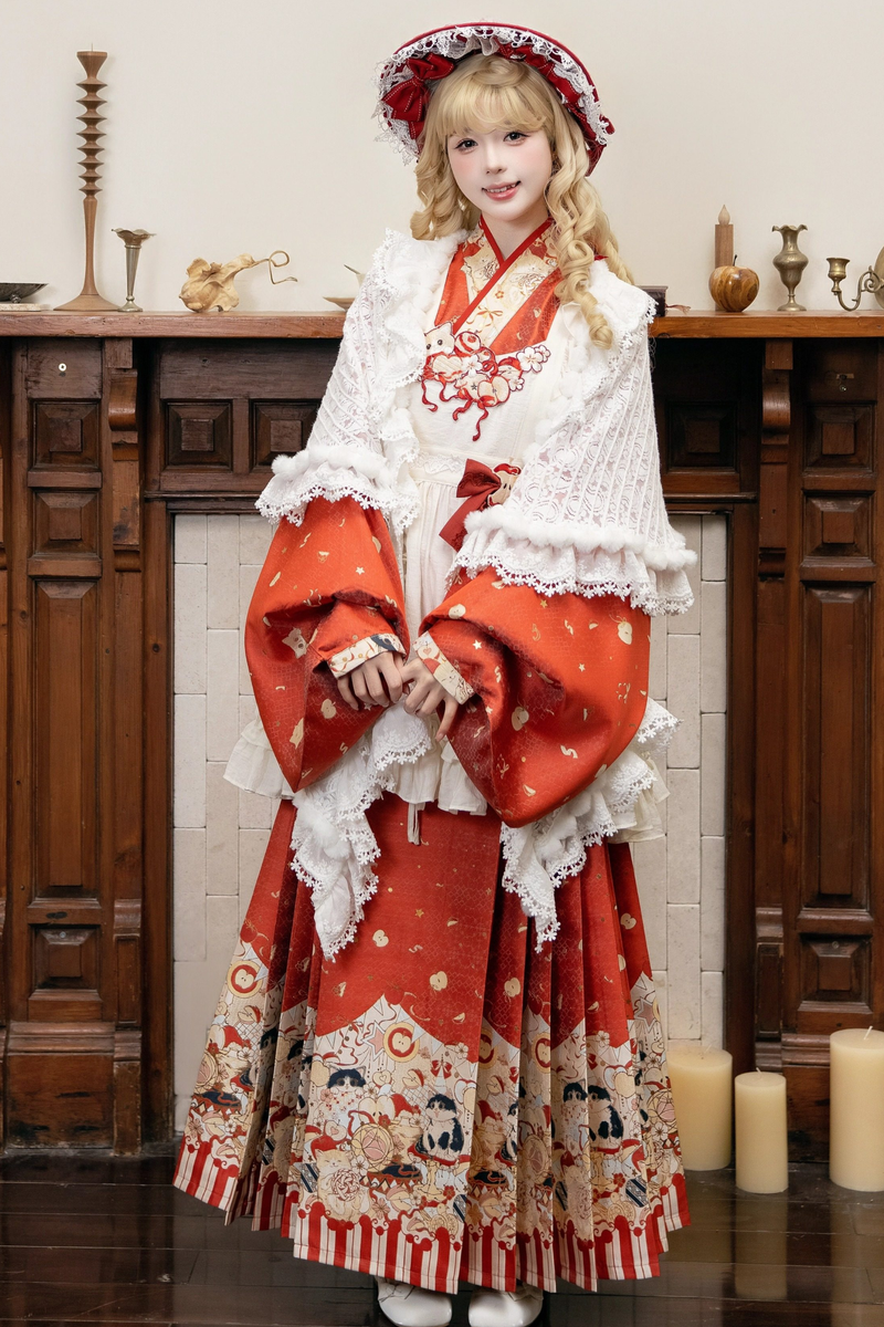Apple Chinese-style Dress + Skirt + Overskirt + Brooch + Shawl
