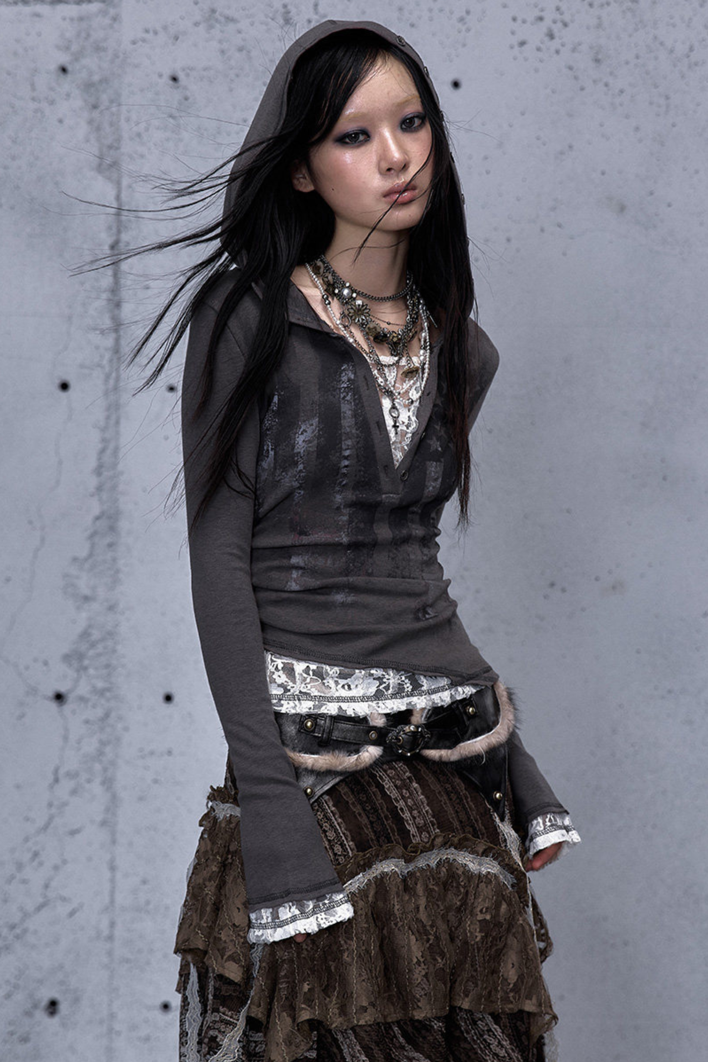 Lace Patchwork Tight Hooded Hoodie