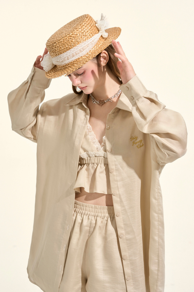 Pastille Style Khaki Lace Camisole + Shirt + Shorts