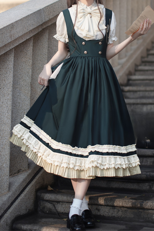 Western-style College Vest Skirt + Puff Sleeve Shirt + Big Ribbon + Brooch