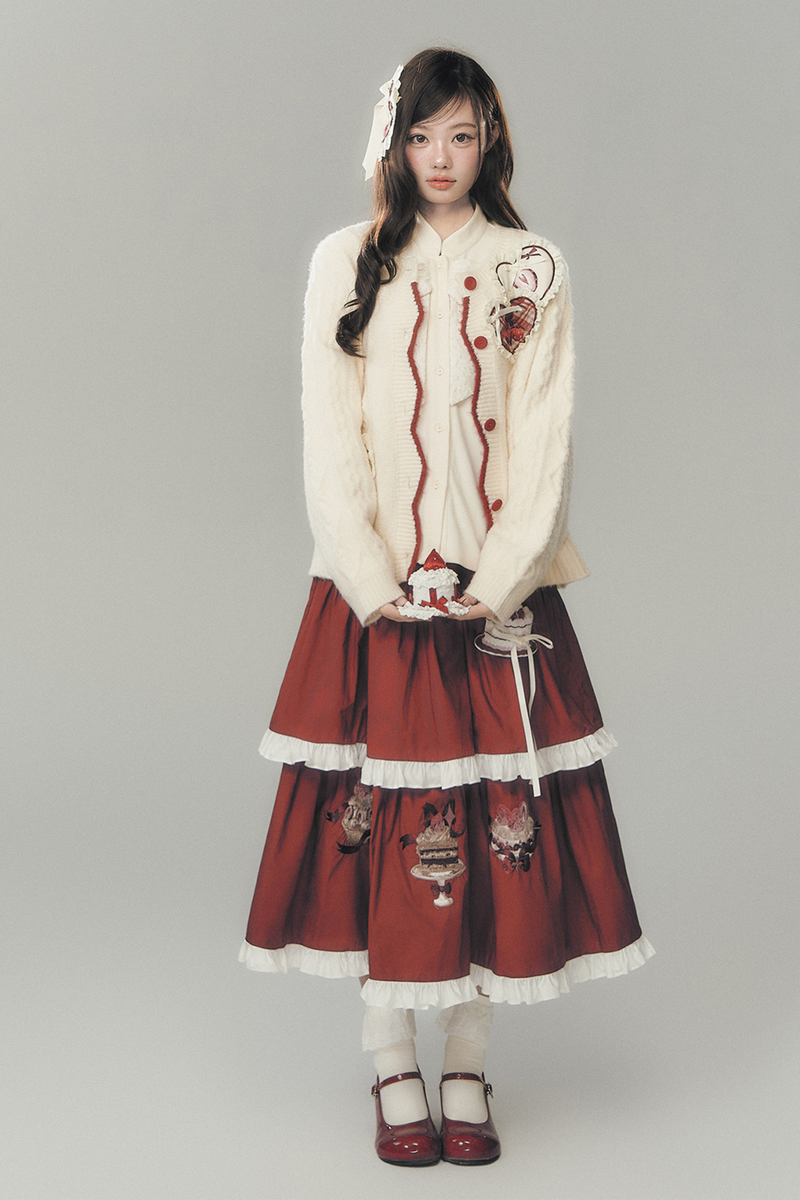 Strawberry Cream Cardigan + Skirt + High Neck Top + Hairpin