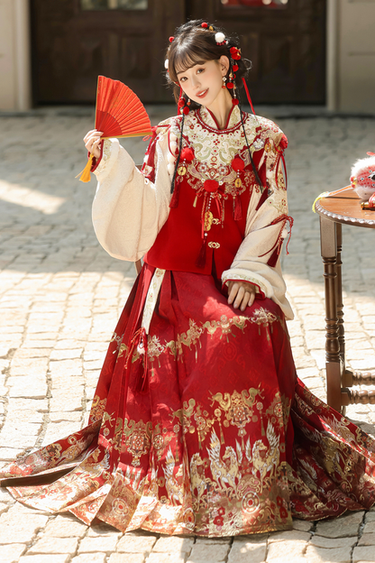 Retro Chinese-style Top + Skirt + Vest + Shoulder