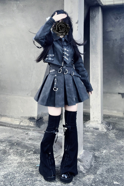 Gothic Matte Leather Dark Girl Top + Skirt