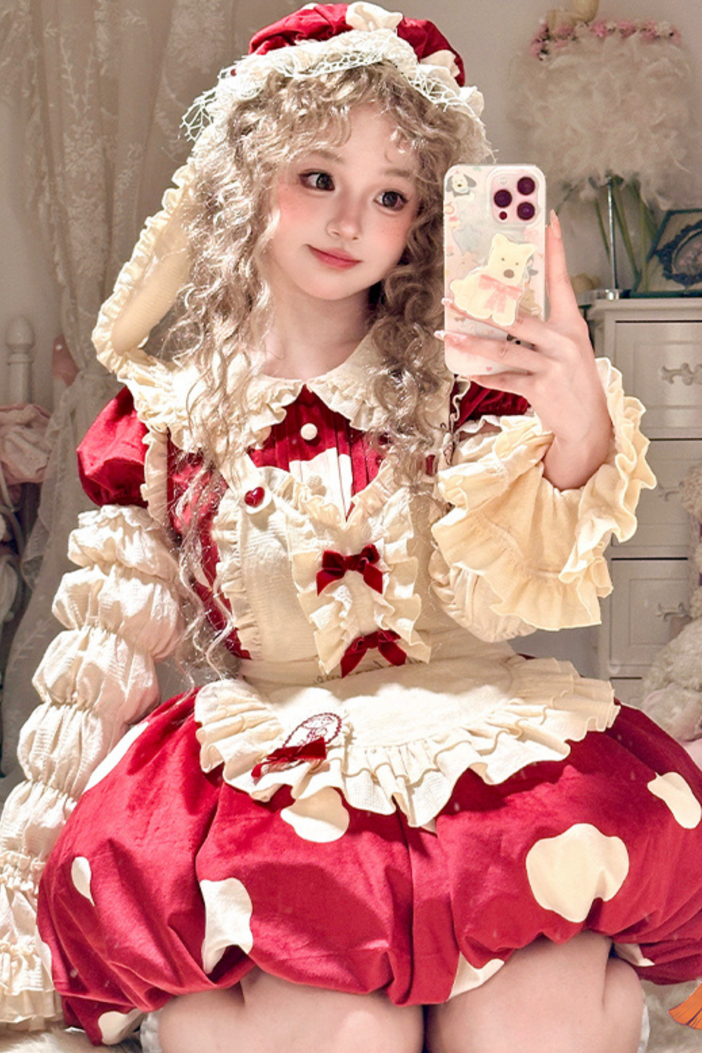 Mushroom Doll Dress + Ribbon Ruffle Apron + Ruffle Sleeves + Bunny Ear Hat