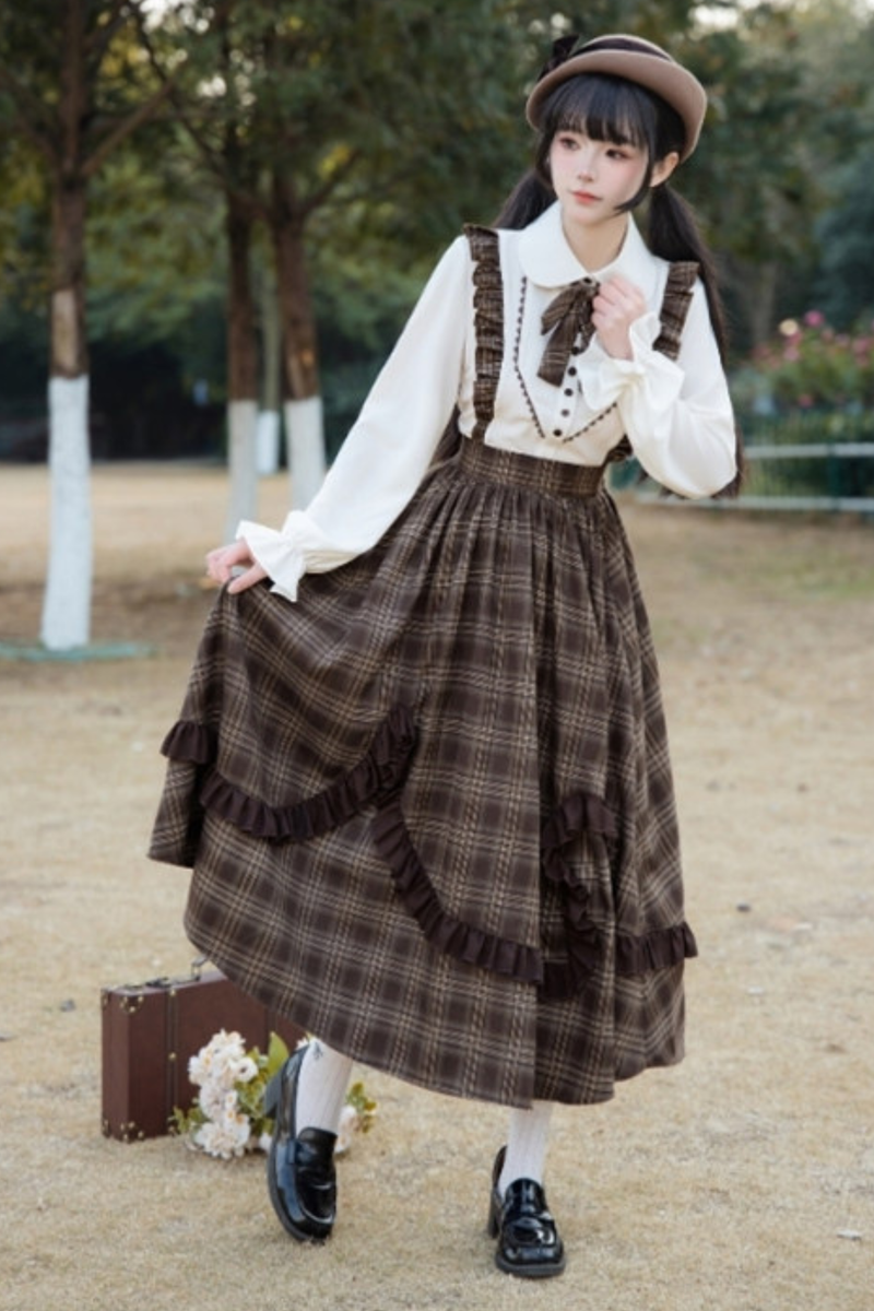 Retro Girly Plaid Skirt + Ruffle Blouse