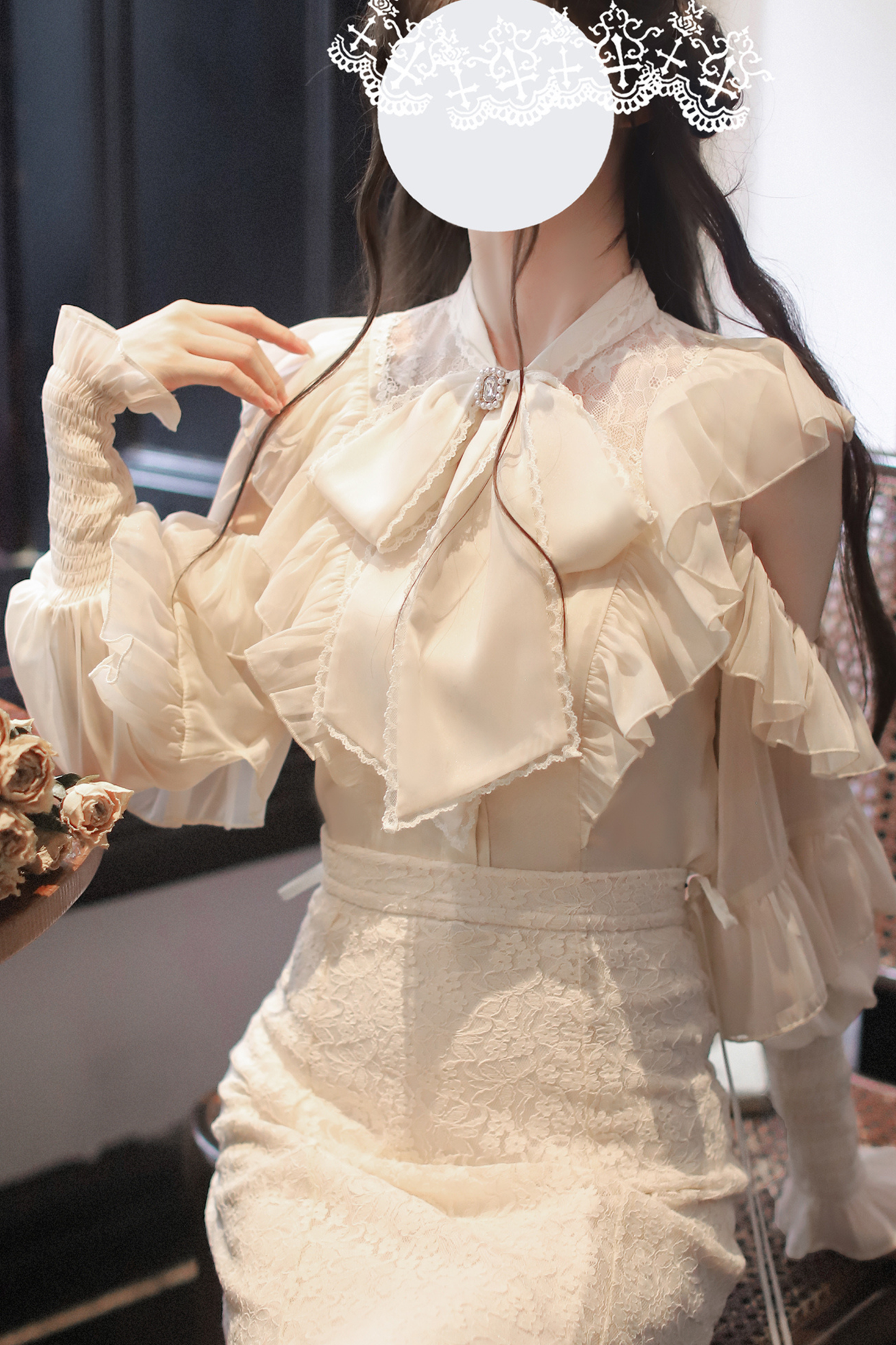 Sheer Chiffon Big Ribbon Shirt + Mermaid Skirt