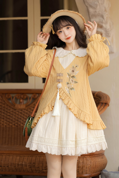 Retro Flower Chinese-style Cardigan + Flared Doll Collar Dress