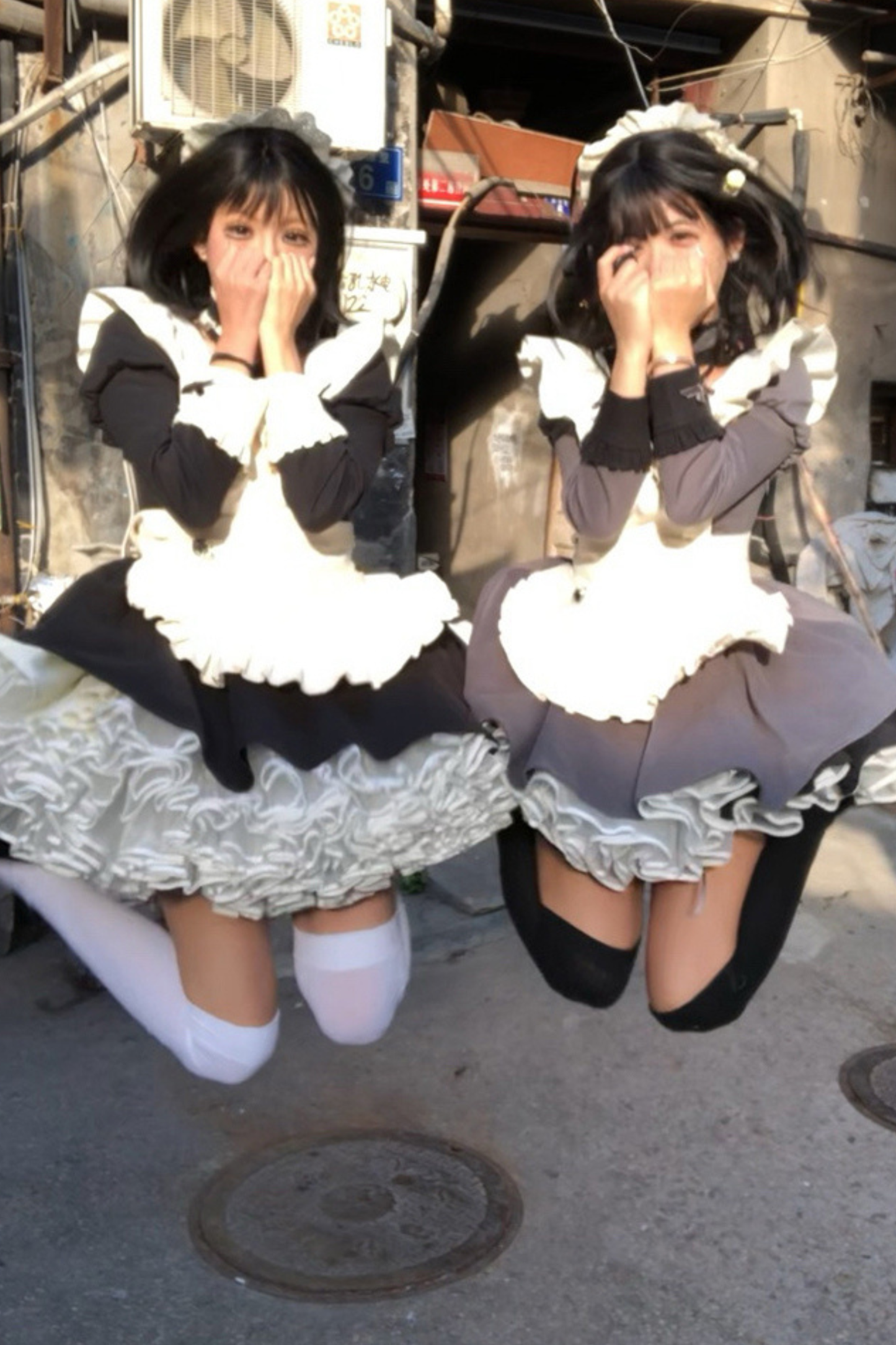 Twin Ruffle Maid Lolita Dress + Apron + Choker + Headband + Bow + Leg Warmers
