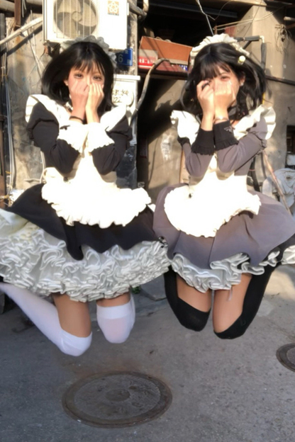 Twin Ruffle Maid Lolita Dress + Apron + Choker + Headband + Bow + Leg Warmers