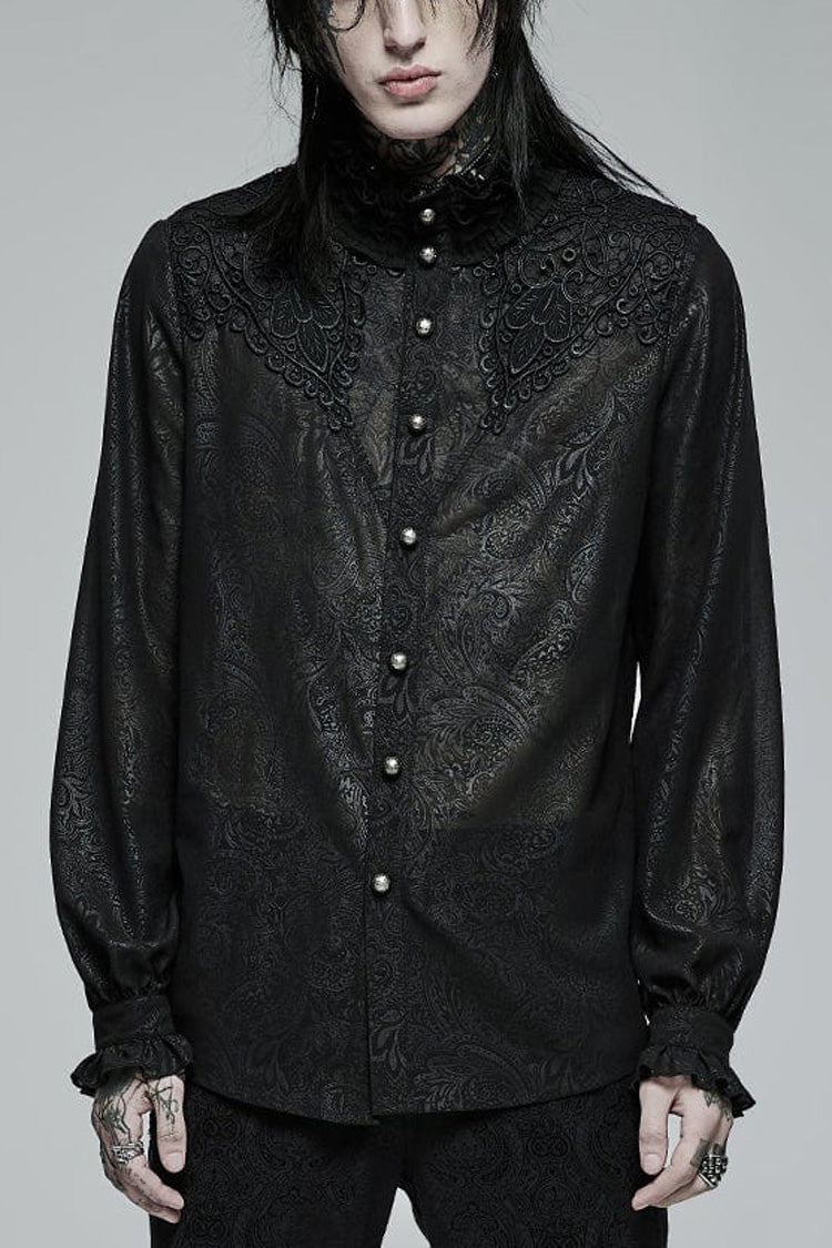 Black Stand Collar Ruffle Embroidery Gothic Blouse