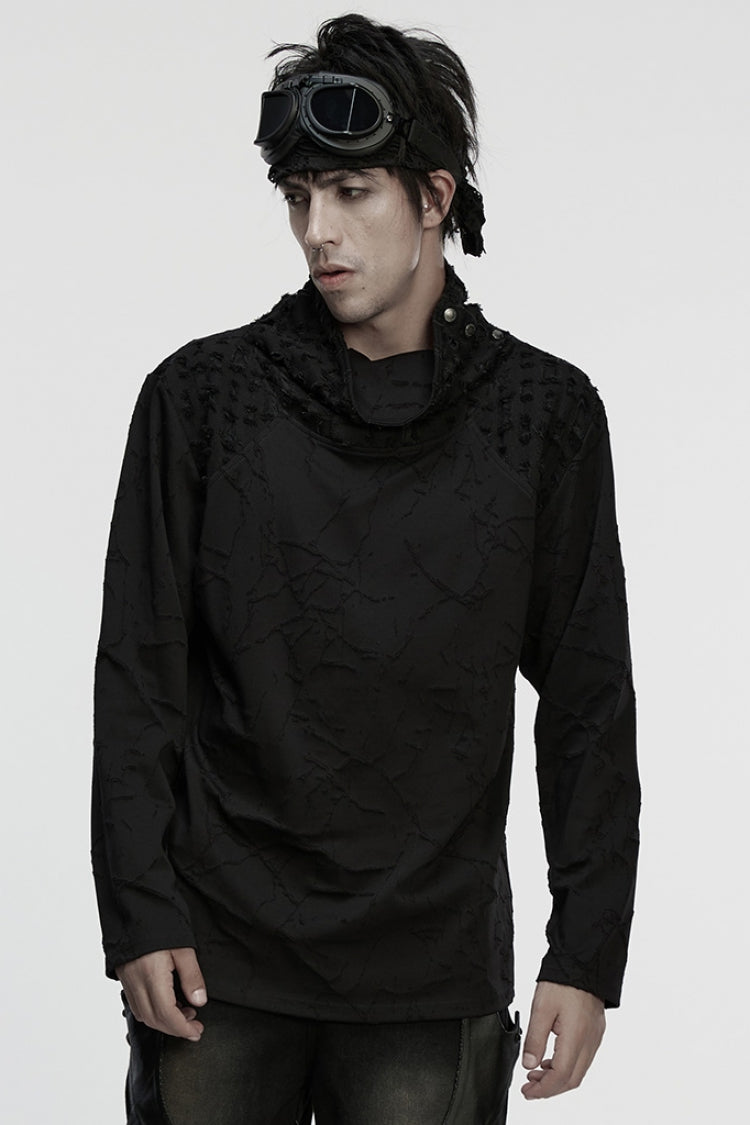 Black Stand Collar Long Sleeves Embroidered Ripped Studded Loose Punk T-shirt