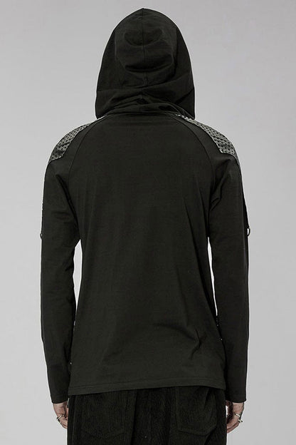 Black Punk Turtleneck Stretch Knit Panel Cutout Drawstring Hooded T-shirt