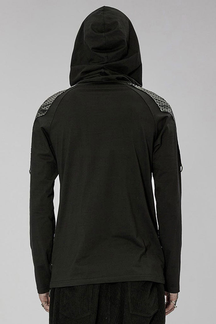 Black Punk Turtleneck Stretch Knit Panel Cutout Drawstring Hooded T-shirt