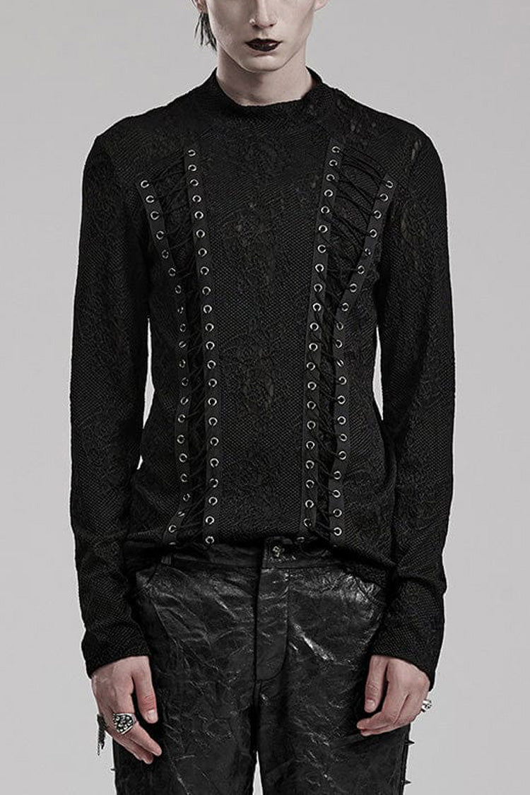 Black Round Collar Long Sleeves Jacquard Symmetrical Rope Gothic T-shirt