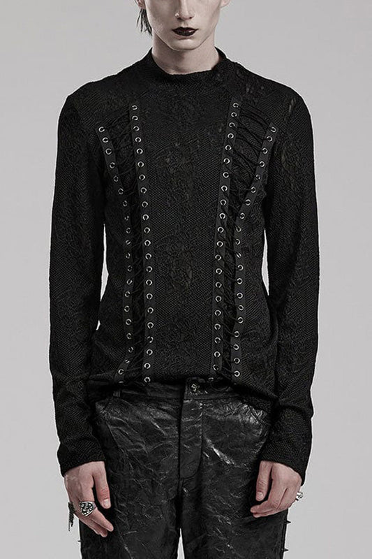 Black Round Collar Long Sleeves Jacquard Symmetrical Rope Gothic T-shirt